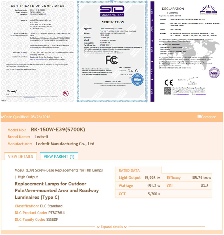 150W Led Retrofit Kit
Certificate